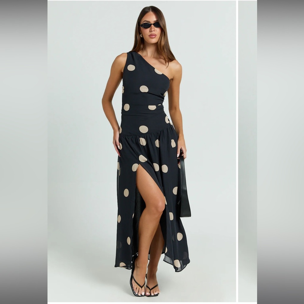 Showpo Black One-Shoulder Maxi Dress with Beige Polka Dots